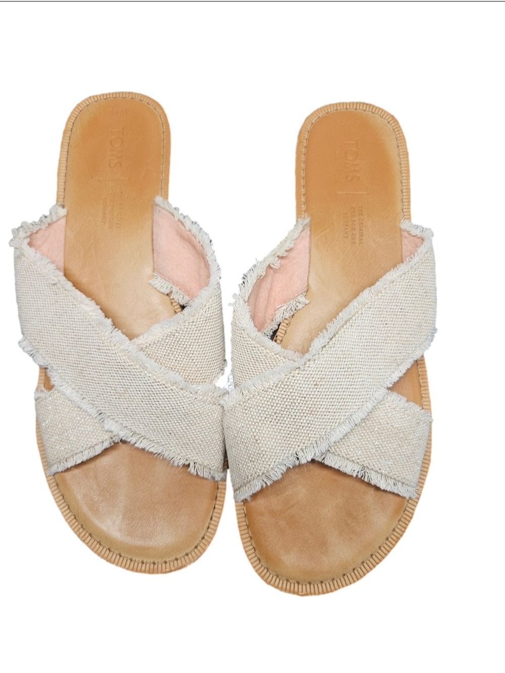 TOMS 9.5 Frayed Cross Strap Slide Sandals Cream Boho Slip-On - Picture 3 of 8